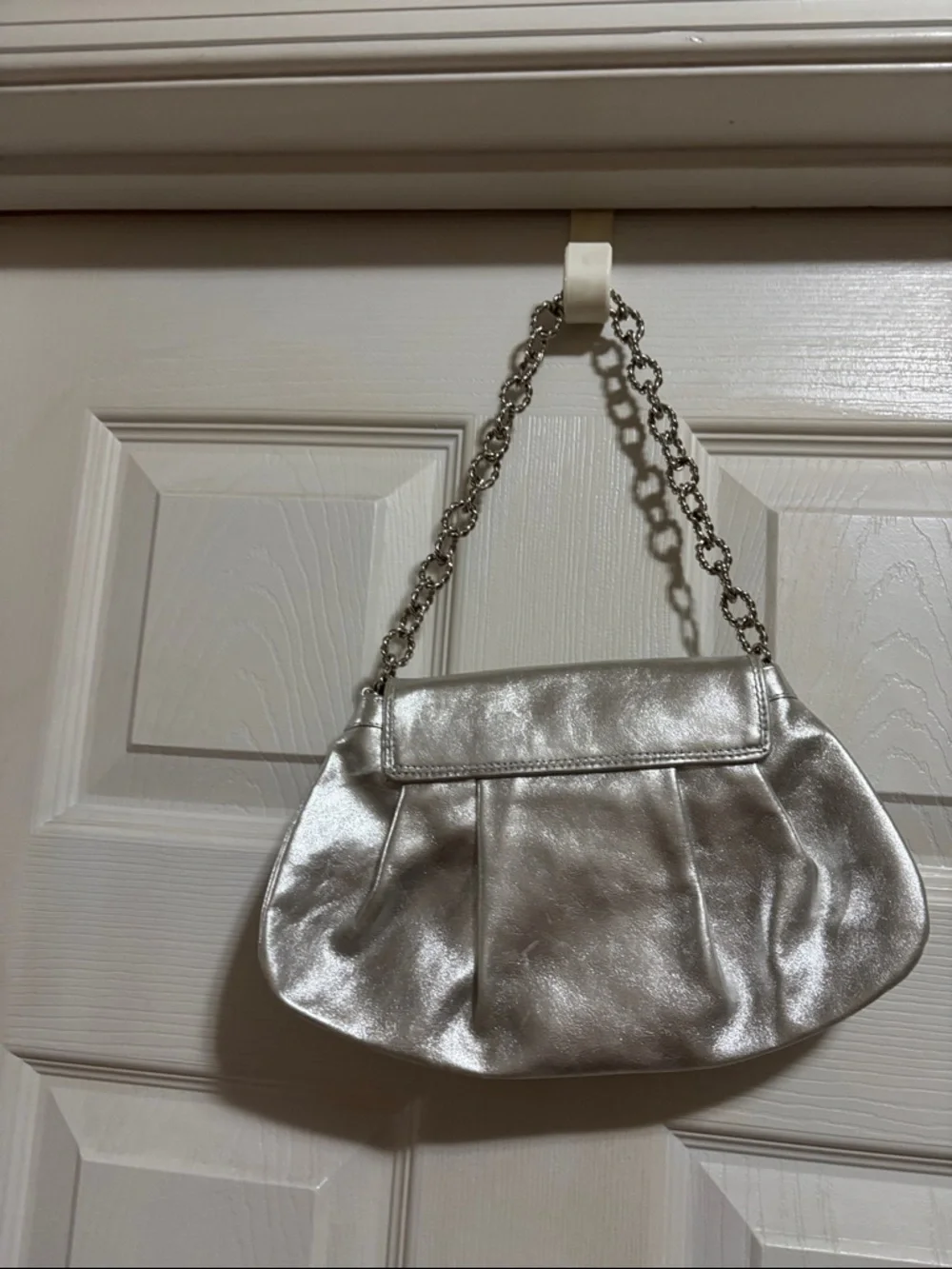 Metallic Silver Evening Shoulder Bag with Floral Accent